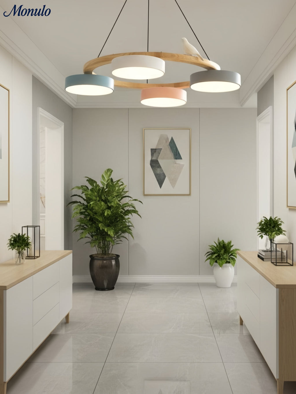 Moderne kreativ farverig lysekrone med cirkelformede fugle | Souliia