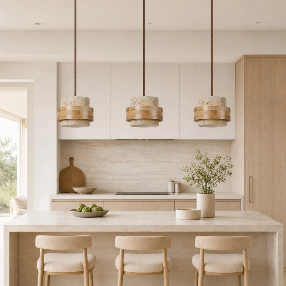 Travertine Stone and Wood Pendant Lamp | Souliia