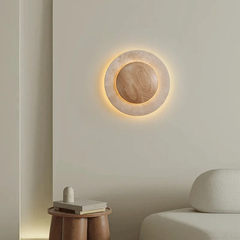 Round Travertine Wood Wall Light | Souliia