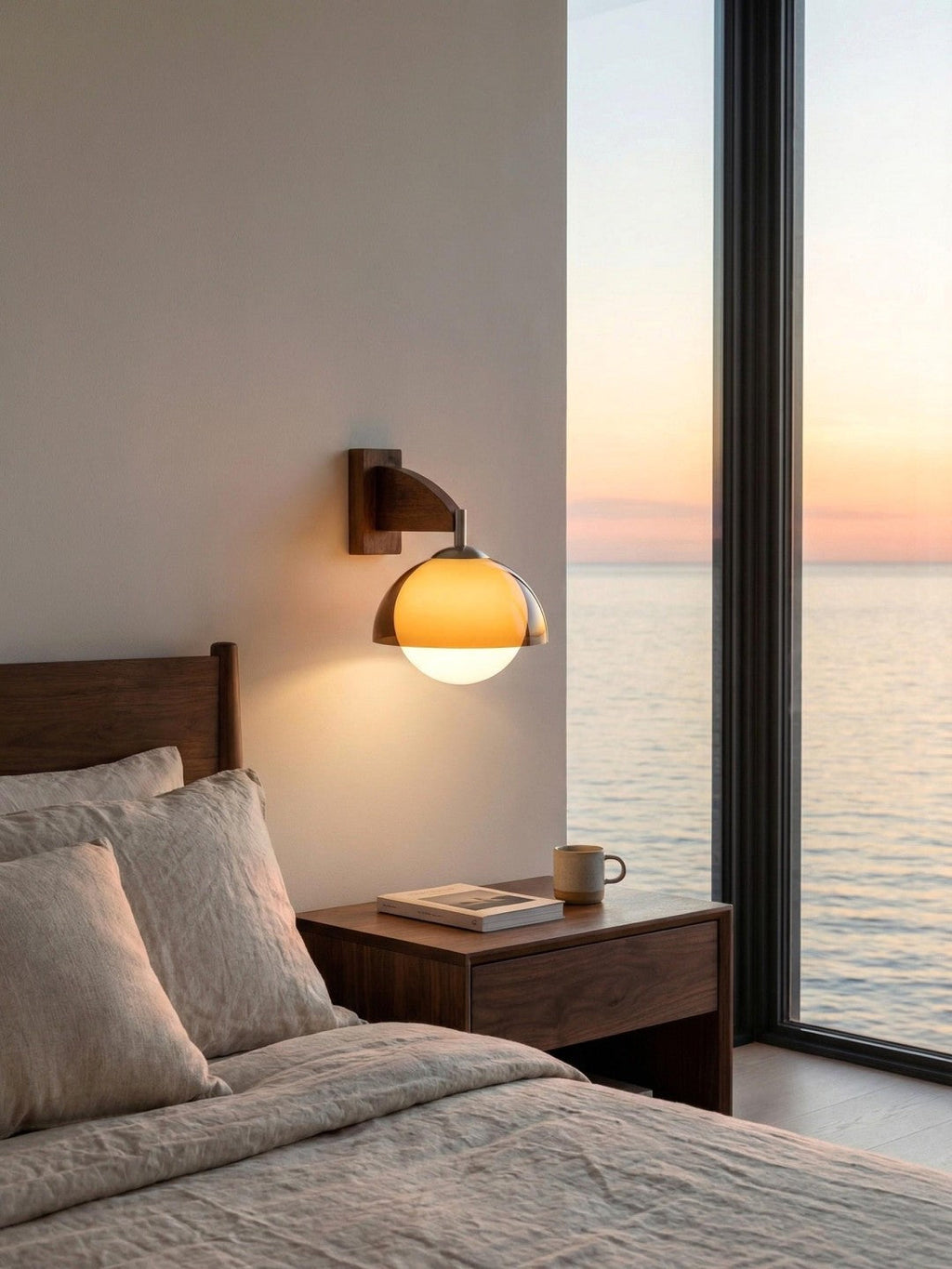 Sunset Glow Moderne Wandleuchte mit Acrylschirm und Holzstruktur-Basis für Schlafzimmer, Flur, Wohnzimmer | Souliia