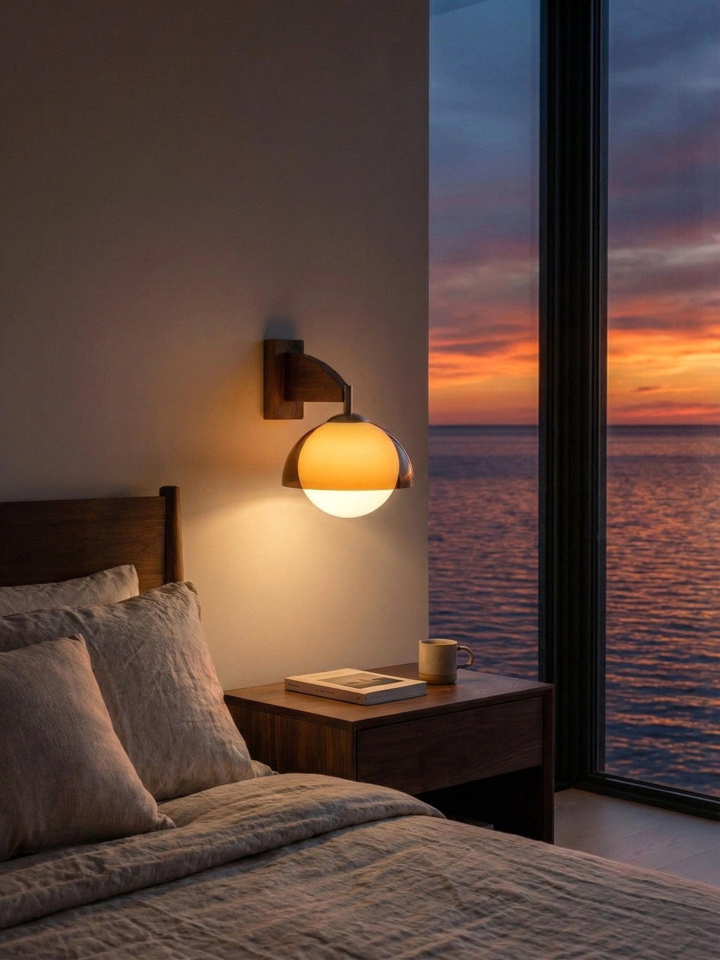 Sunset Glow Moderne Wandleuchte mit Acrylschirm und Holzstruktur-Basis für Schlafzimmer, Flur, Wohnzimmer | Souliia