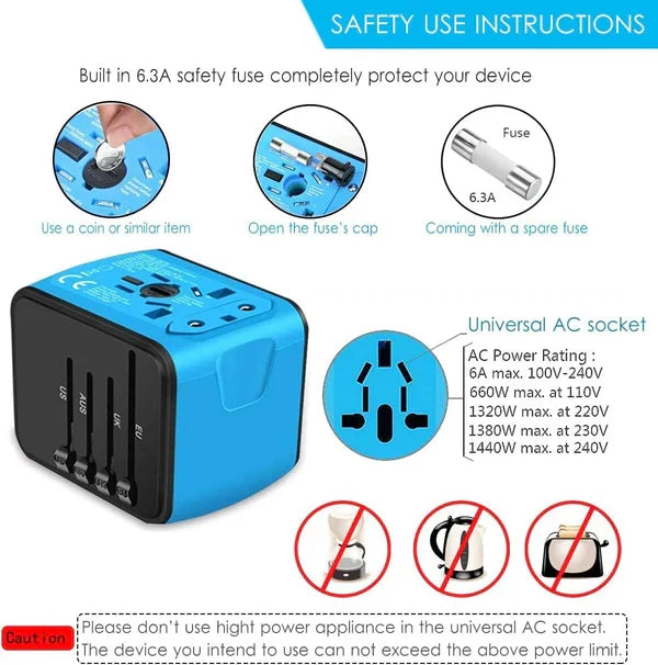 Adaptateur de voyage universel multiports — 150+ régions, recharge USB