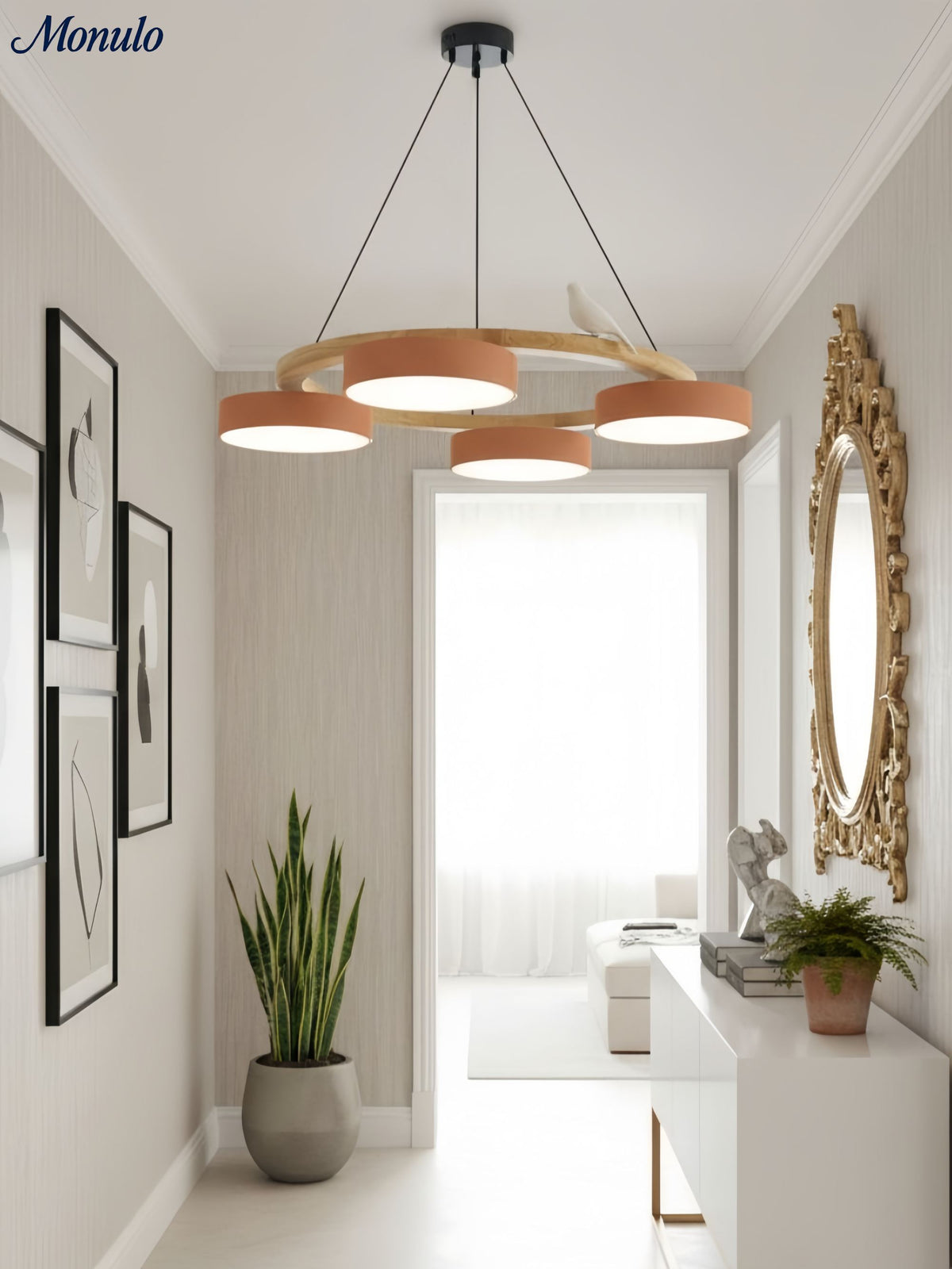 Moderne kreativ farverig lysekrone med cirkelformede fugle | Souliia