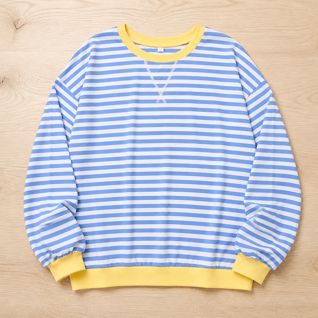 VeroLuxe – Relaxed Striped Crewneck Sweatshirt with Contrast Trim - Souliia