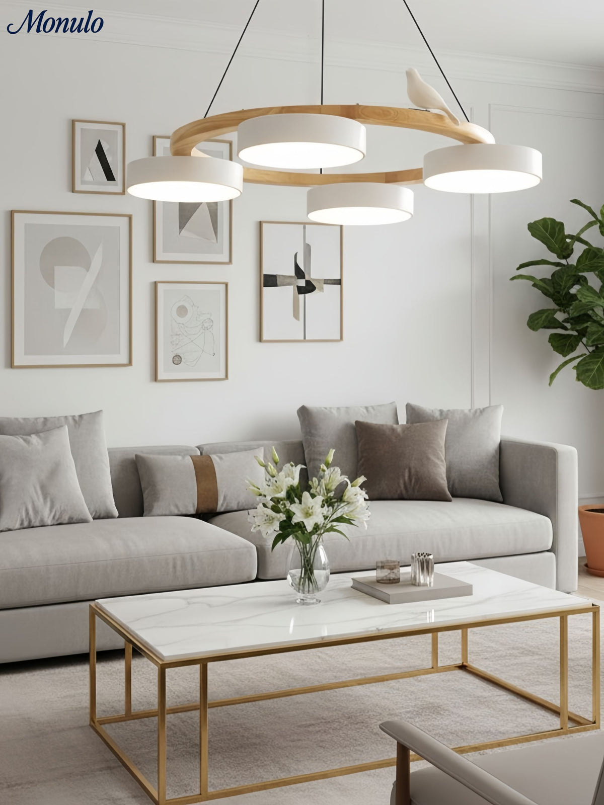 Moderne kreativ farverig lysekrone med cirkelformede fugle | Souliia