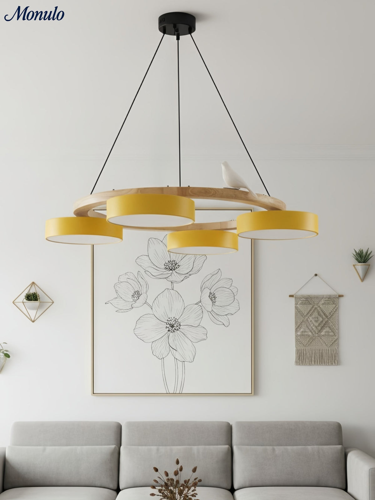Moderne kreativ farverig lysekrone med cirkelformede fugle | Souliia