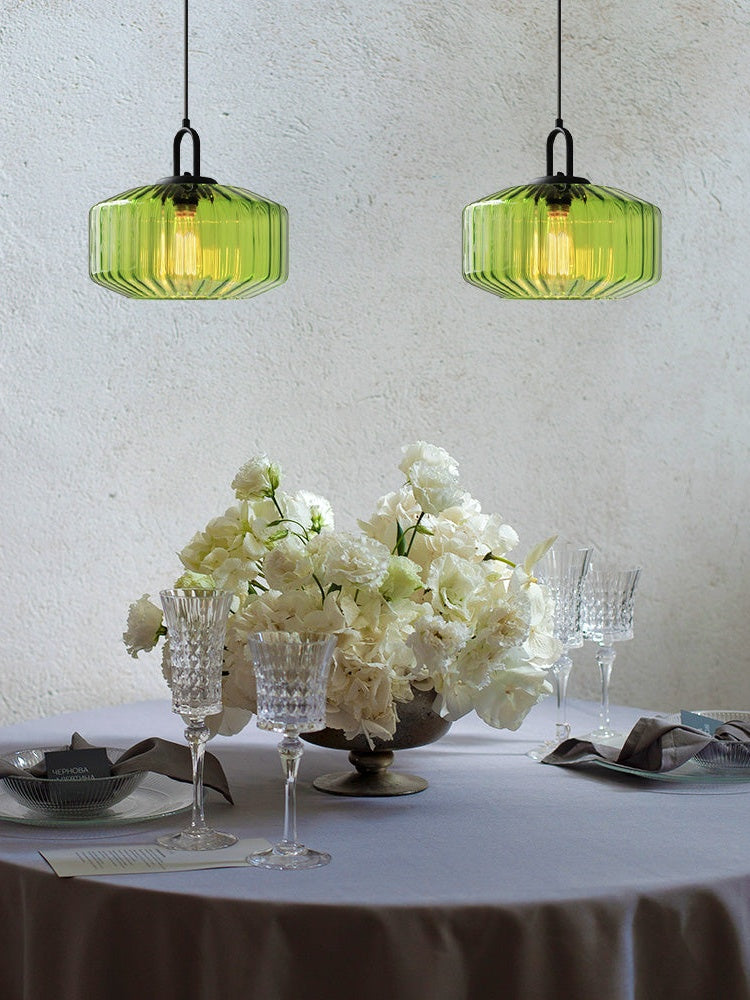 Ribbed Glass Pendant Light - Vintage Green Glass Hanging Light with Modern Appeal | Souliia
