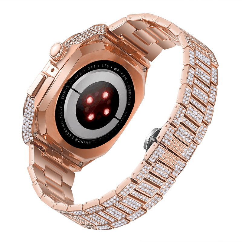 NovaLux Polished Stainless Case Strap — Rhinestone & Diamond Accent, Apple Watch 44-45mm