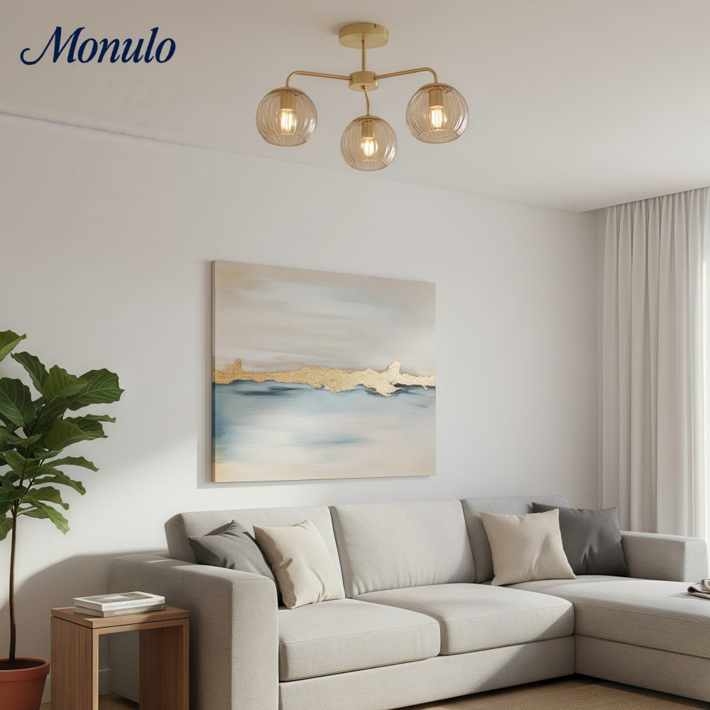 Rivolence 3 Light Brass Flush Ceiling Light – Textured Glass Shades for Living Room & Dining Space | Souliia