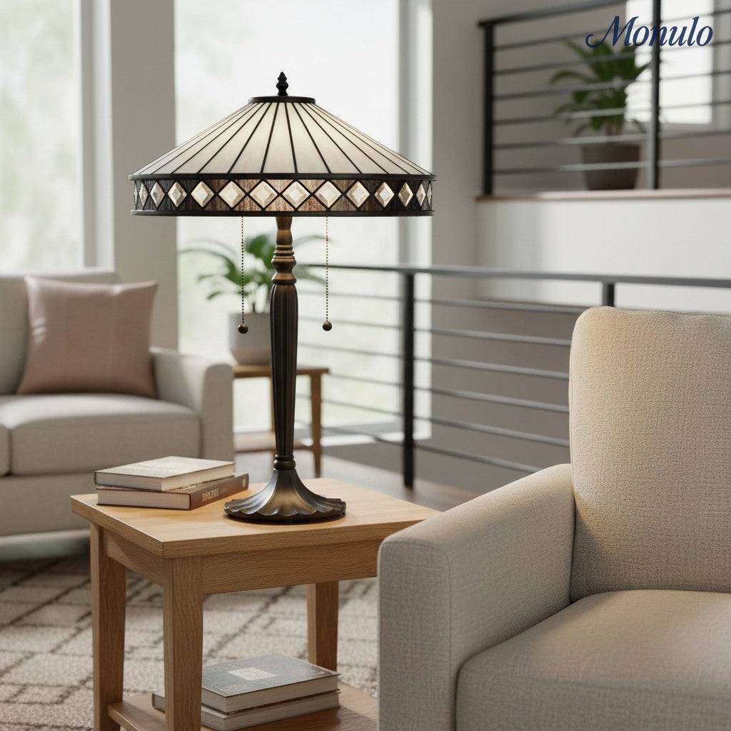 TF Geometric Stained Glass Table Lamp with Amber and Cream Panels – Tiffany Style Accent Lamp for Bedroom and Study | Souliia