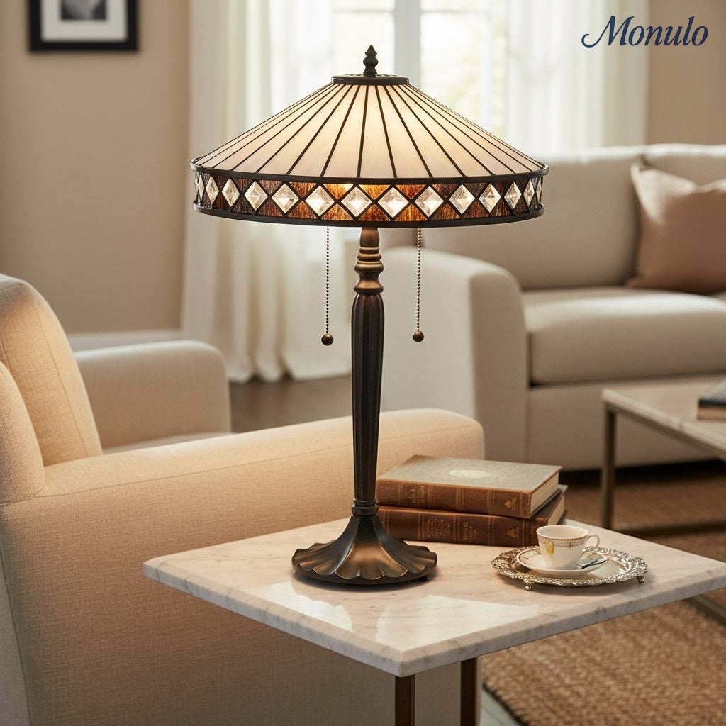 TF Geometric Stained Glass Table Lamp with Amber and Cream Panels – Tiffany Style Accent Lamp for Bedroom and Study | Souliia