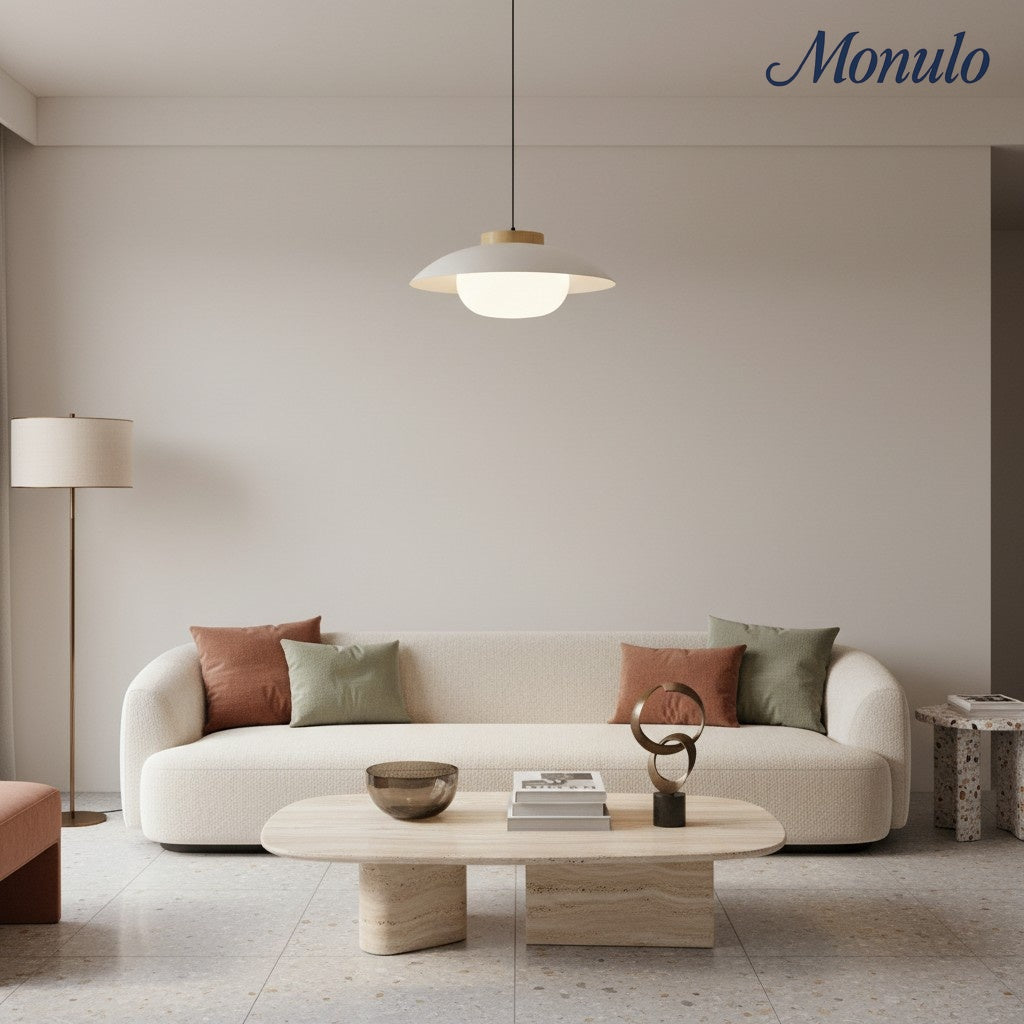 Elegancka lampa wisząca Oribela w kształcie spodka o smukłym profilu – nowoczesna minimalistyczna lampa do jadalni i nad wyspę kuchenną | Souliia