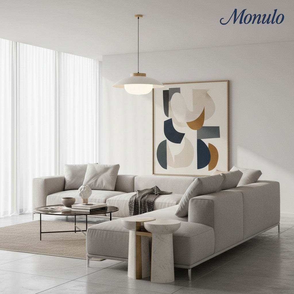 Elegancka lampa wisząca Oribela w kształcie spodka o smukłym profilu – nowoczesna minimalistyczna lampa do jadalni i nad wyspę kuchenną | Souliia