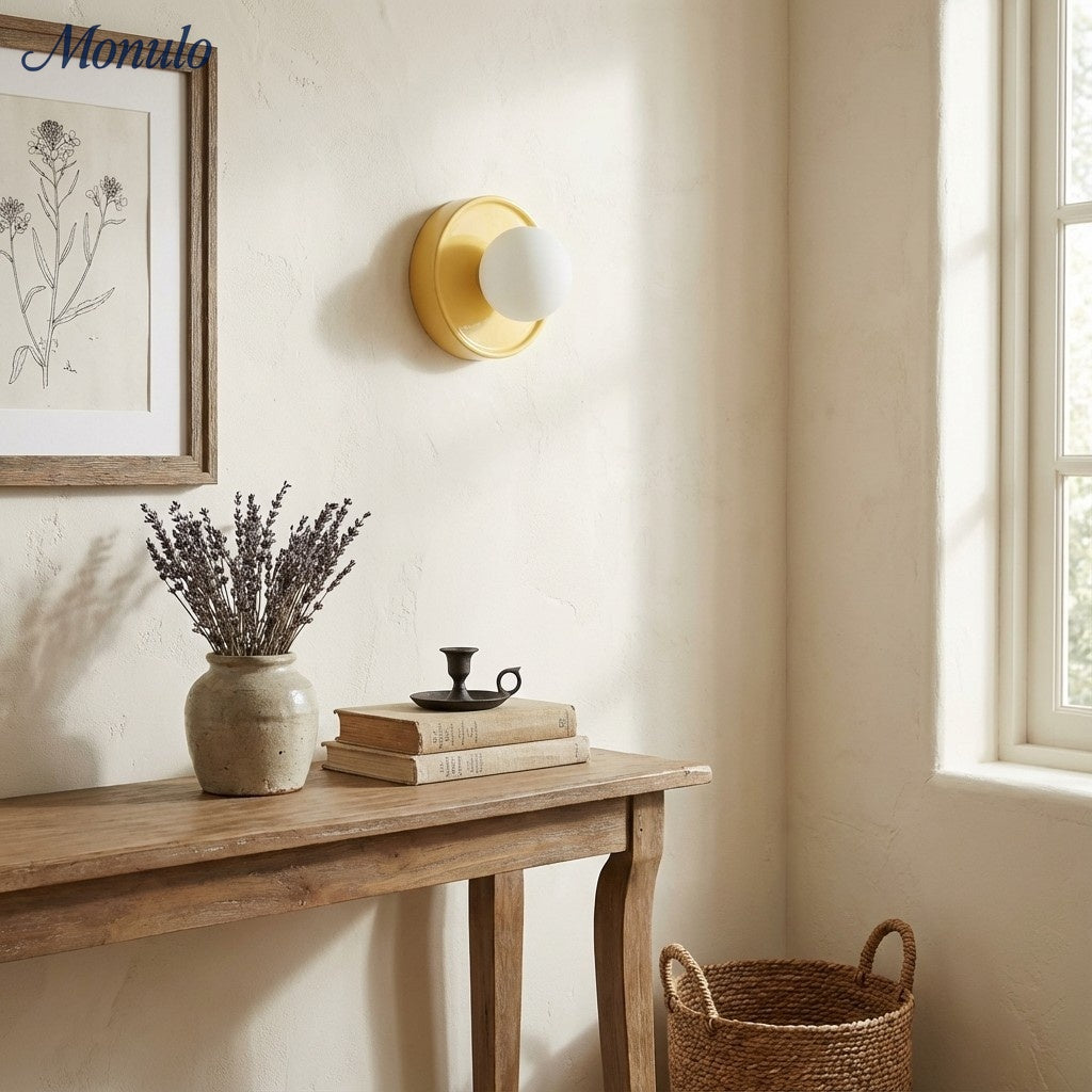 Solna Minimalist Round Glass Wall Sconce with Ceramic Base for Bedroom and Hallway | Souliia
