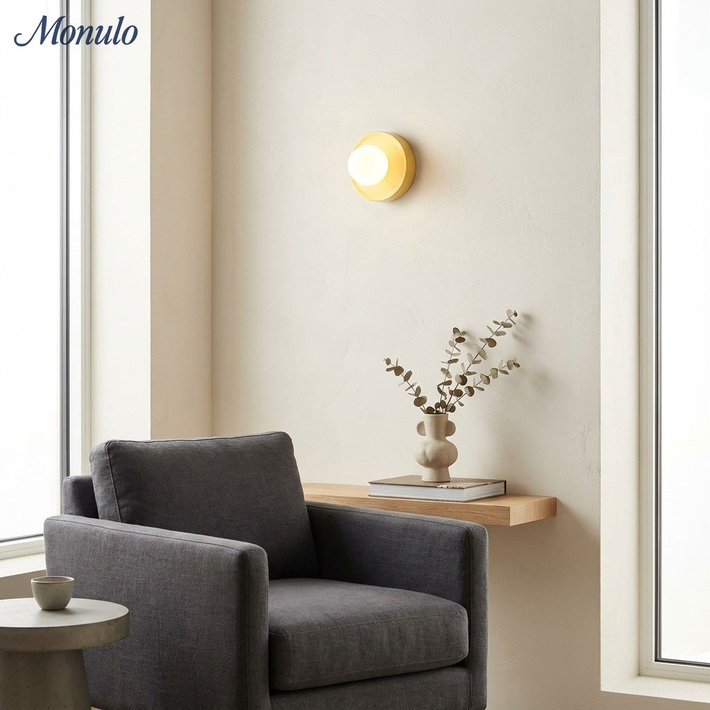 Solna Minimalist Round Glass Wall Sconce with Ceramic Base for Bedroom and Hallway | Souliia