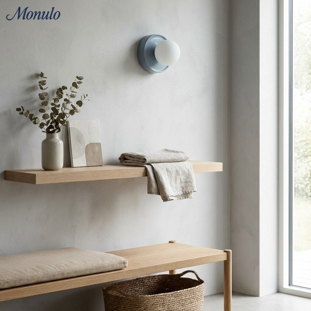 Solna Minimalist Round Glass Wall Sconce with Ceramic Base for Bedroom and Hallway | Souliia