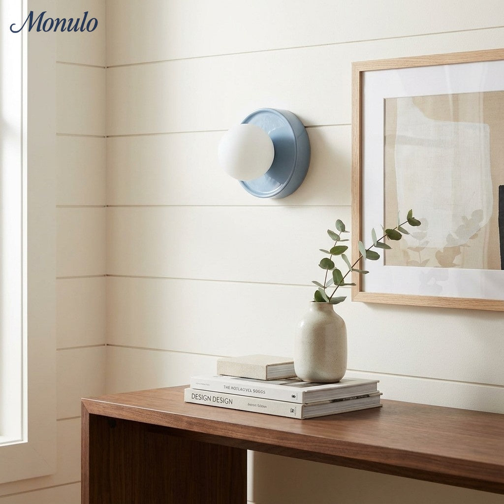 Solna Minimalist Round Glass Wall Sconce with Ceramic Base for Bedroom and Hallway | Souliia