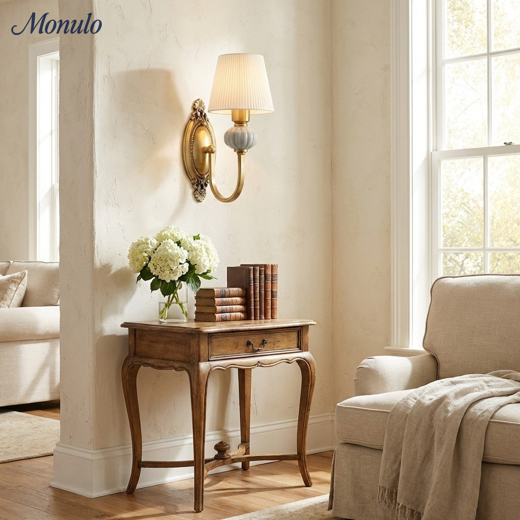 Rowan Classic Fabric Shade Sconce – Ceramic Wall Light for Hallway or Bedroom | Souliia