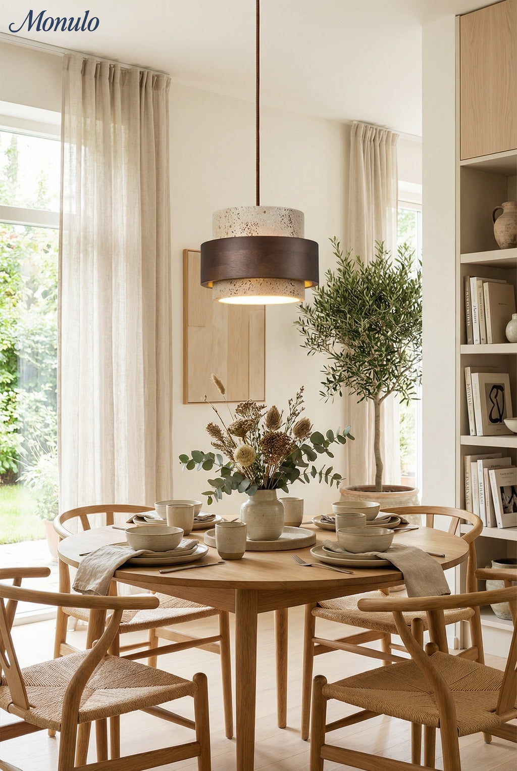 Travertin Holz Pendelleuchte - Moderne organische Hängeleuchte für Wohnzimmer | Souliia