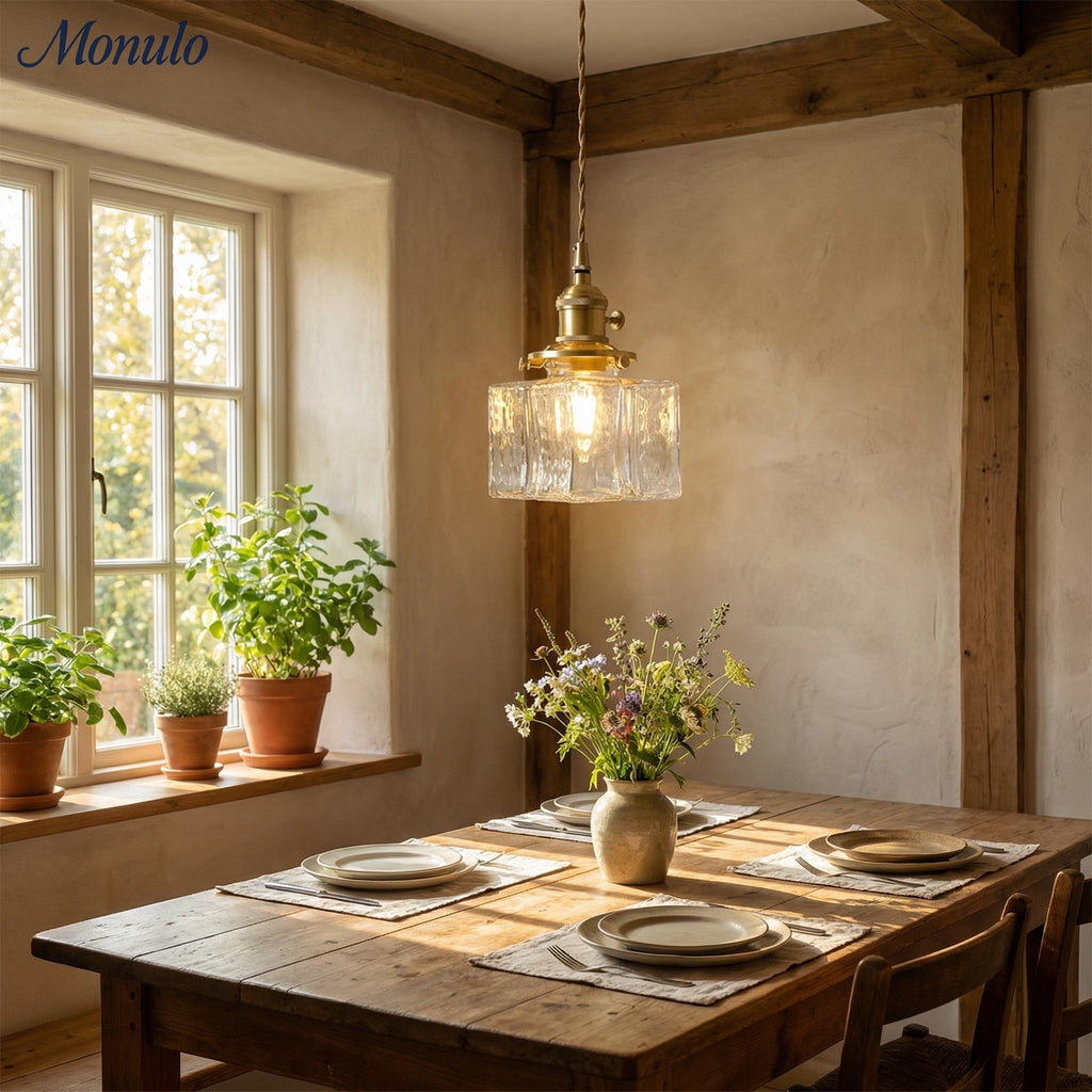 Traditionelle Vintage Quadrat Rechteck Wellen-Glas Eisen 1-Flammige Pendelleuchte für Wohnzimmer | Souliia