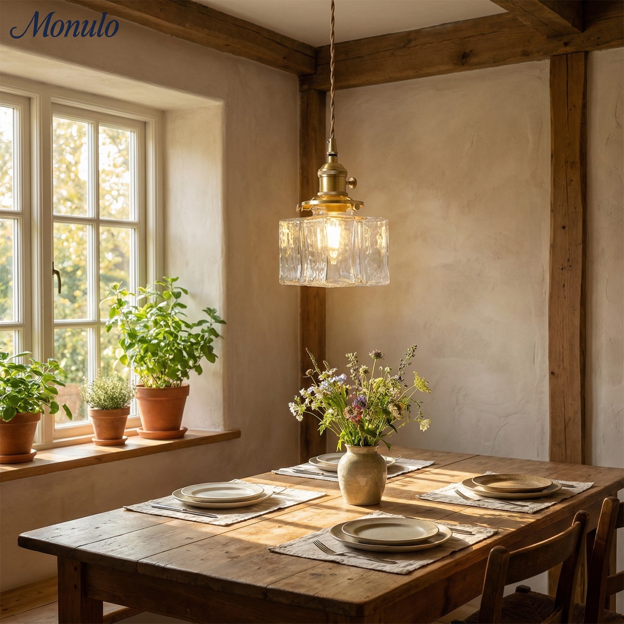 Traditionelle Vintage Quadrat Rechteck Wellen-Glas Eisen 1-Flammige Pendelleuchte für Wohnzimmer | Souliia