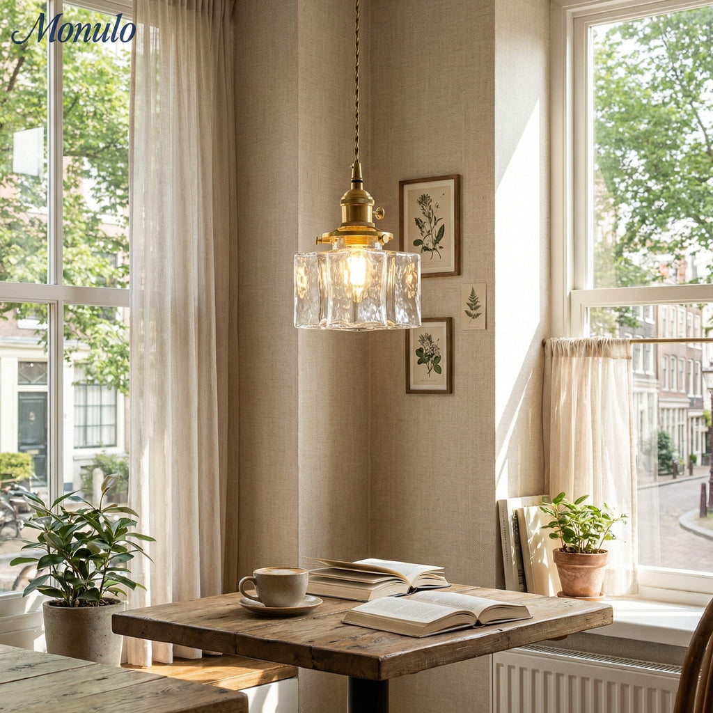 Traditionelle Vintage Quadrat Rechteck Wellen-Glas Eisen 1-Flammige Pendelleuchte für Wohnzimmer | Souliia