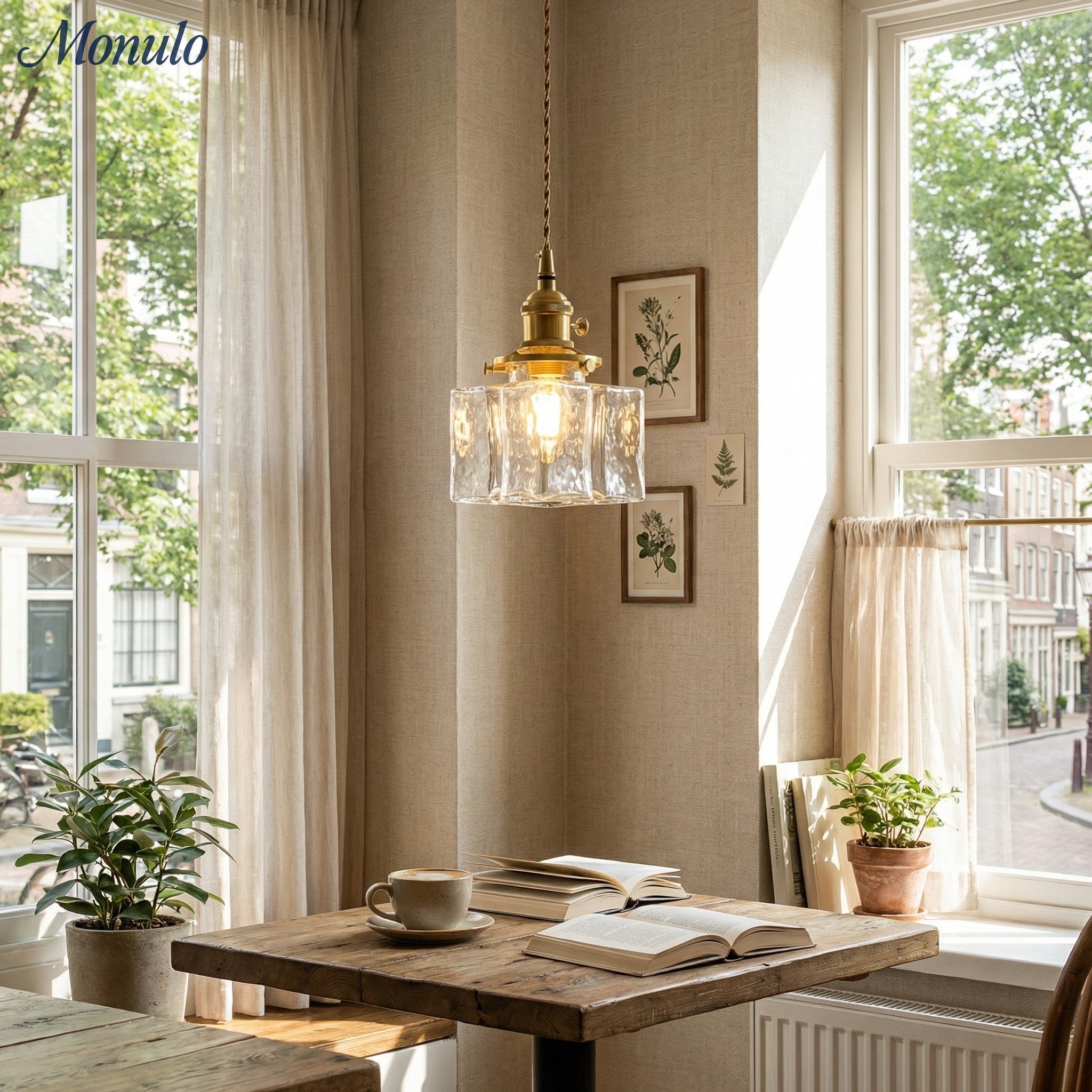 Traditionelle Vintage Quadrat Rechteck Wellen-Glas Eisen 1-Flammige Pendelleuchte für Wohnzimmer | Souliia