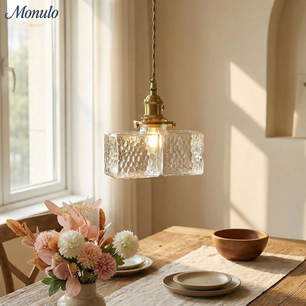 Traditionelle Vintage Quadrat Rechteck Wellen-Glas Eisen 1-Flammige Pendelleuchte für Wohnzimmer | Souliia