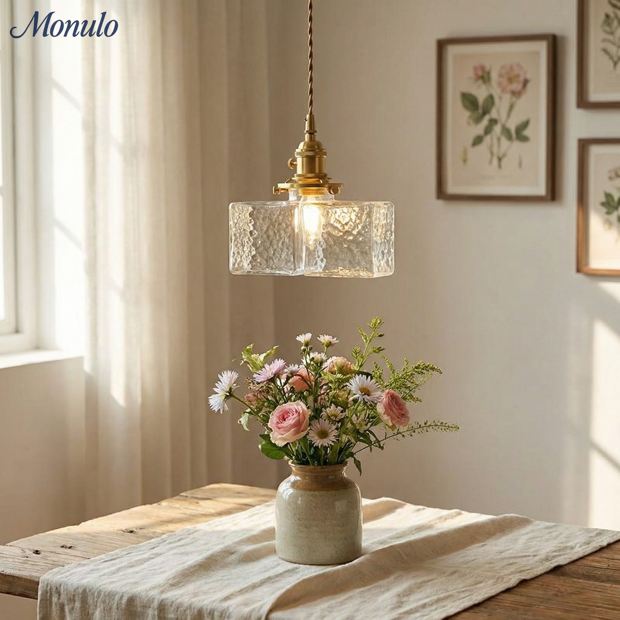 Traditionelle Vintage Quadrat Rechteck Wellen-Glas Eisen 1-Flammige Pendelleuchte für Wohnzimmer | Souliia