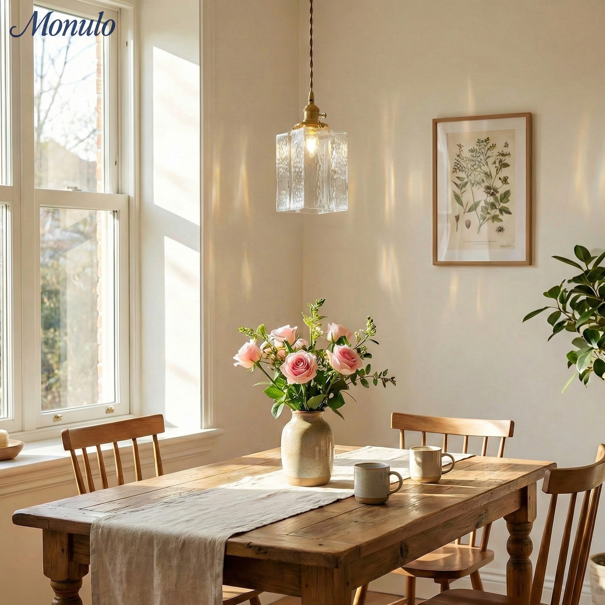Traditionelle Vintage Quadrat Rechteck Wellen-Glas Eisen 1-Flammige Pendelleuchte für Wohnzimmer | Souliia