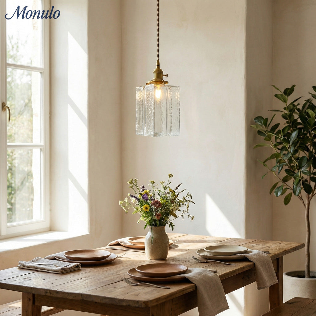 Traditionelle Vintage Quadrat Rechteck Wellen-Glas Eisen 1-Flammige Pendelleuchte für Wohnzimmer | Souliia