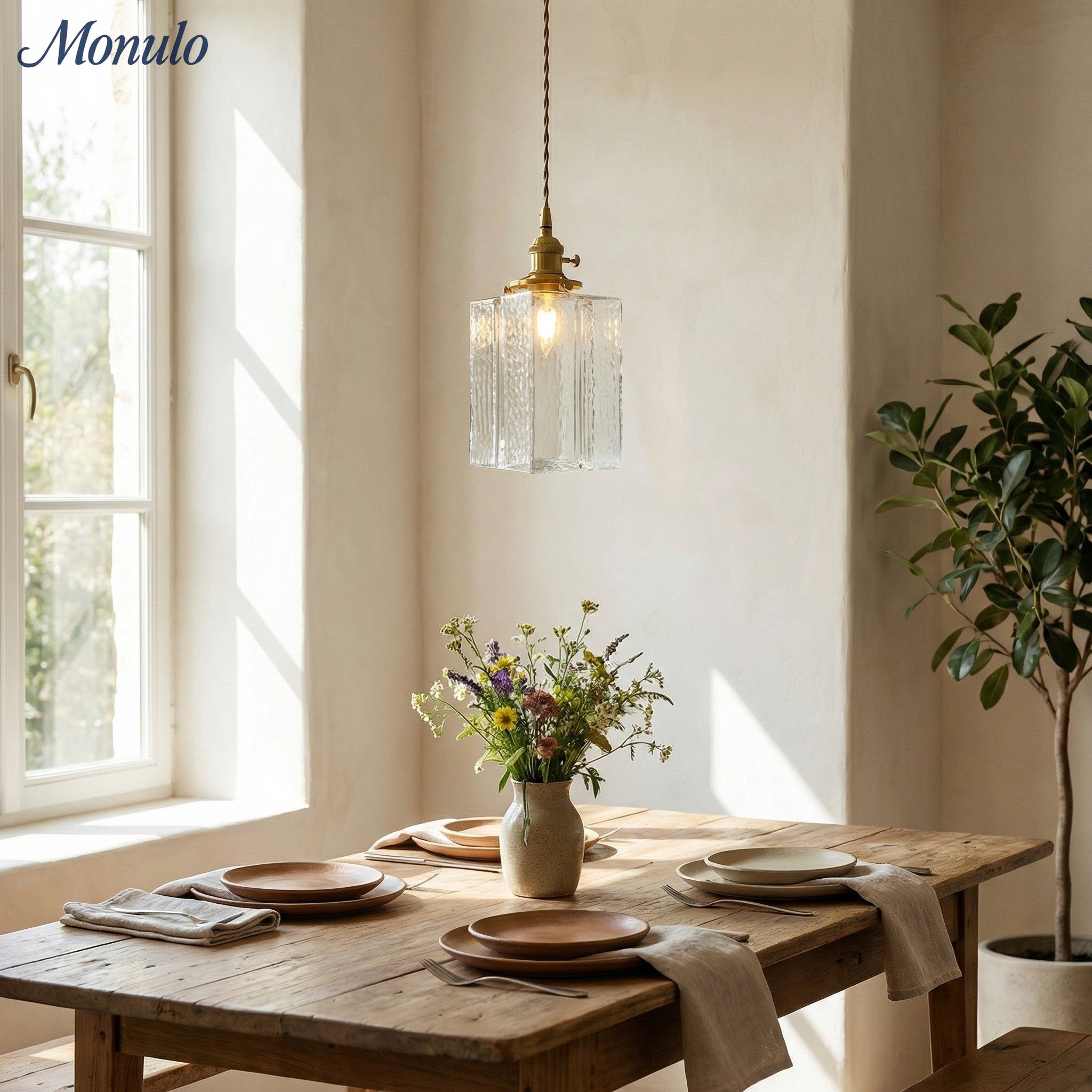 Traditionelle Vintage Quadrat Rechteck Wellen-Glas Eisen 1-Flammige Pendelleuchte für Wohnzimmer | Souliia
