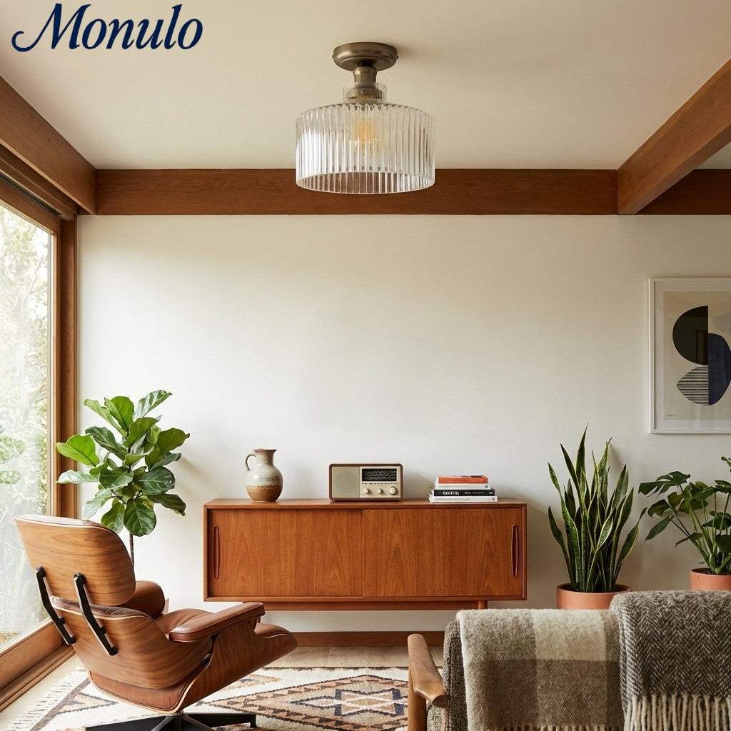 Ribora Ribbed Glass Metal Flush Mount Industrial Style - Bedroom Hallway Lighting U05 | Souliia