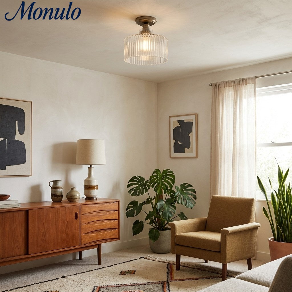 Ribora Ribbed Glass Metal Flush Mount Industrial Style - Bedroom Hallway Lighting U05 | Souliia