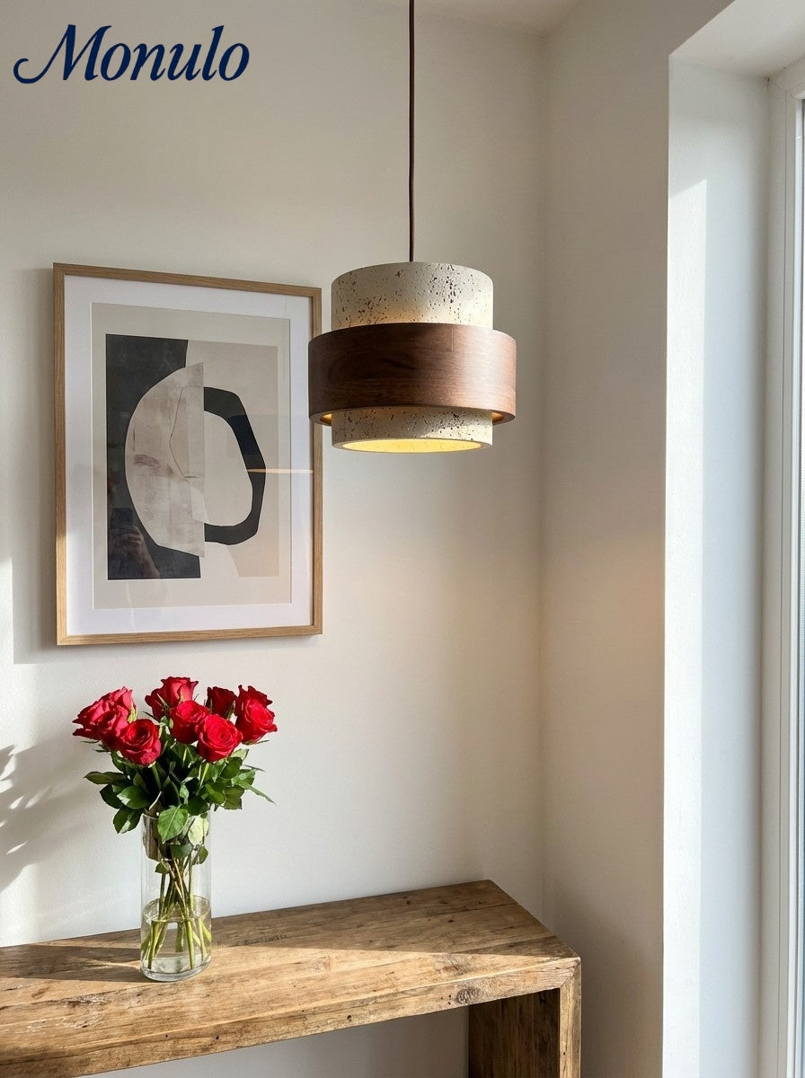 Travertin Holz Pendelleuchte - Moderne organische Hängeleuchte für Wohnzimmer | Souliia