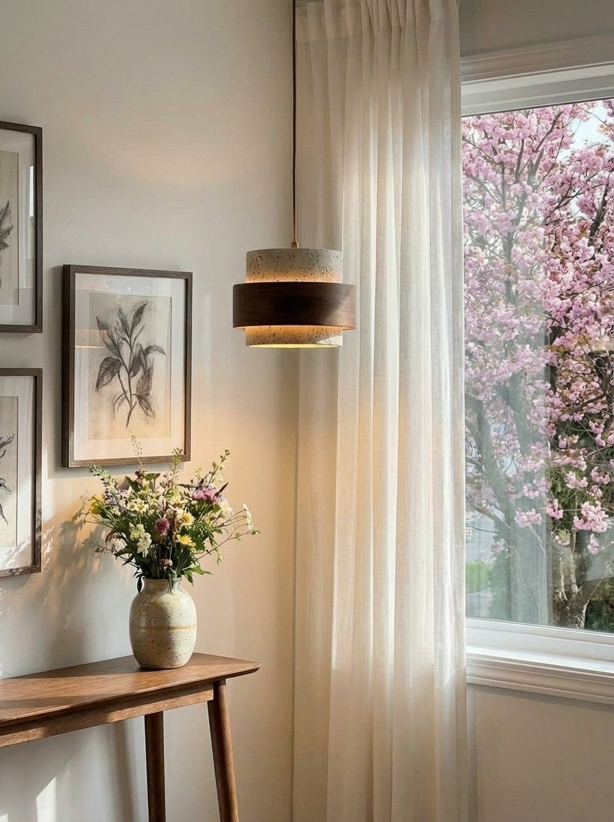 Travertin Holz Pendelleuchte - Moderne organische Hängeleuchte für Wohnzimmer | Souliia