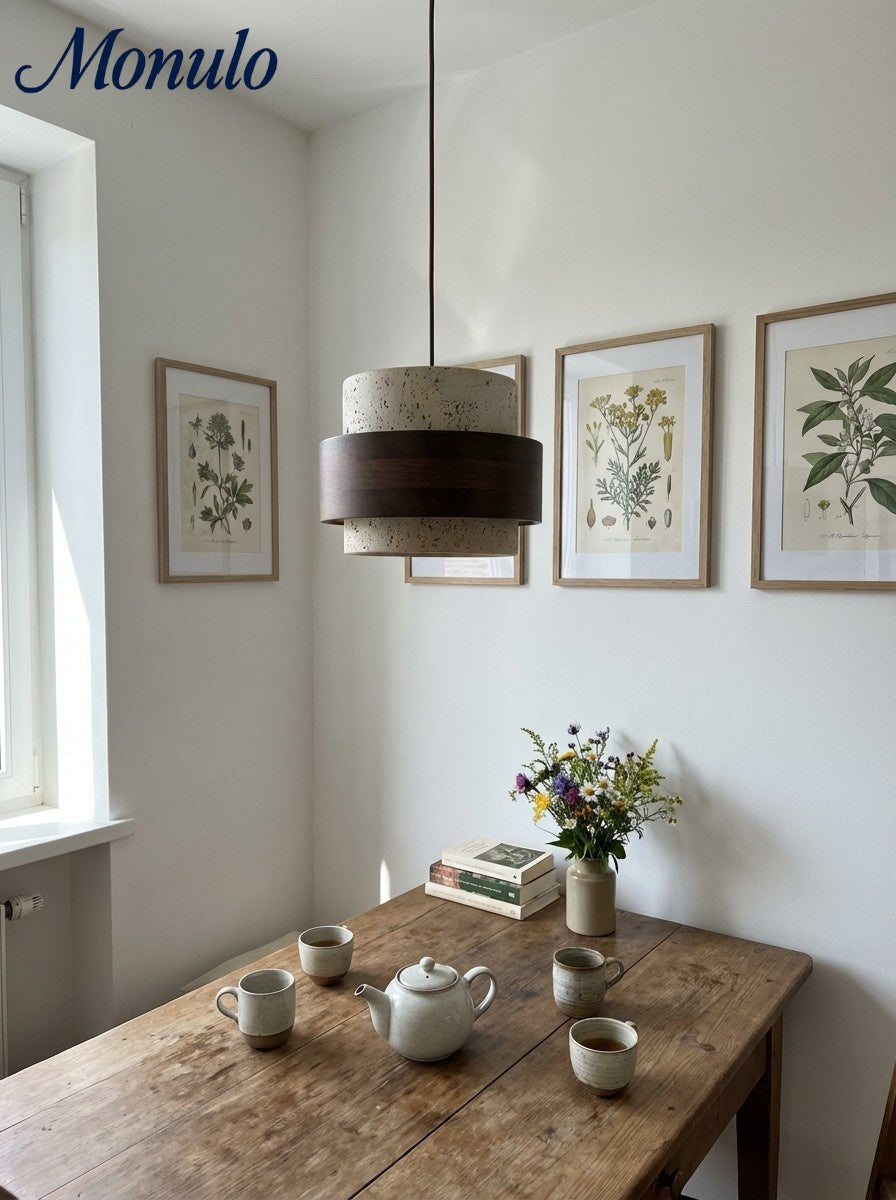 Travertin Holz Pendelleuchte - Moderne organische Hängeleuchte für Wohnzimmer | Souliia