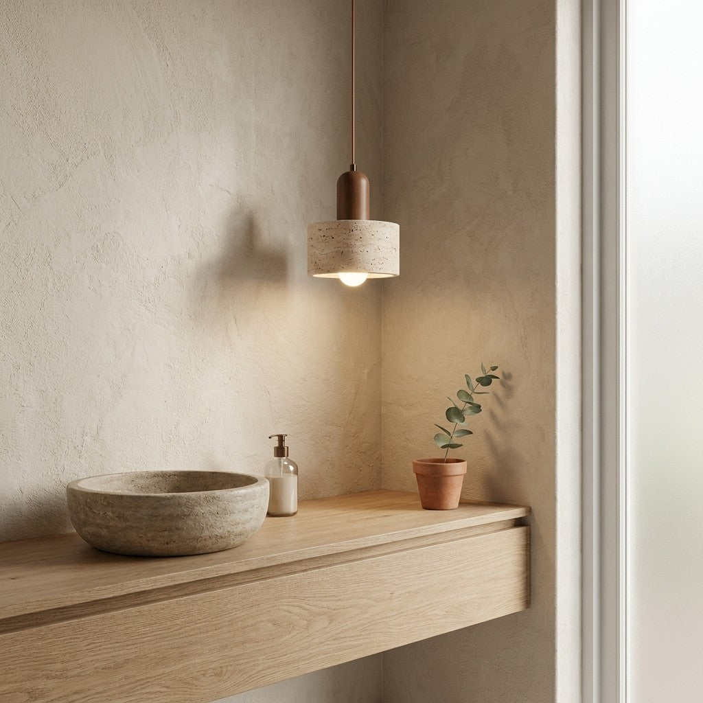 Travertin Japanischer Wabi-sabi Stil Nachttisch-Pendelleuchte für Schlafzimmer | Souliia