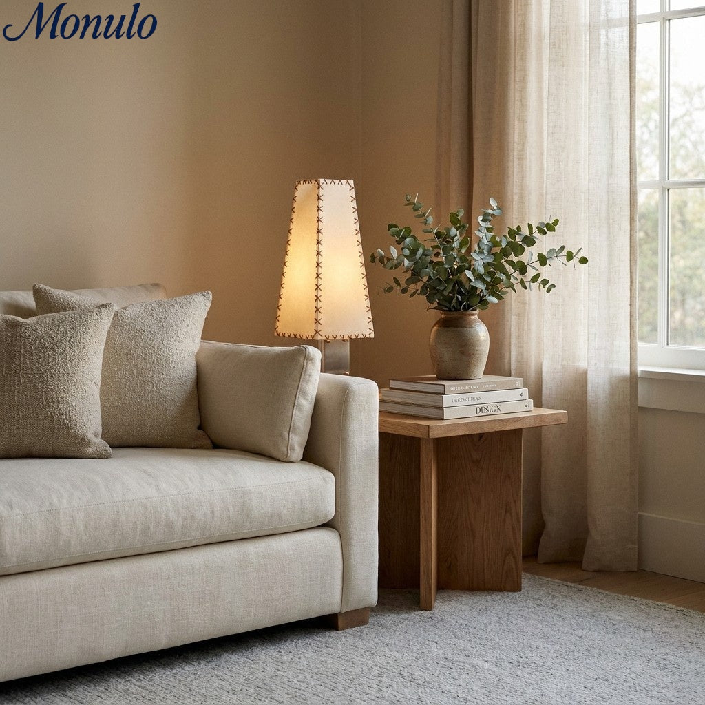 Modern Geometric Metal Table Lamp – Parchment Shade for Bedroom Nightstand Lighting | Souliia