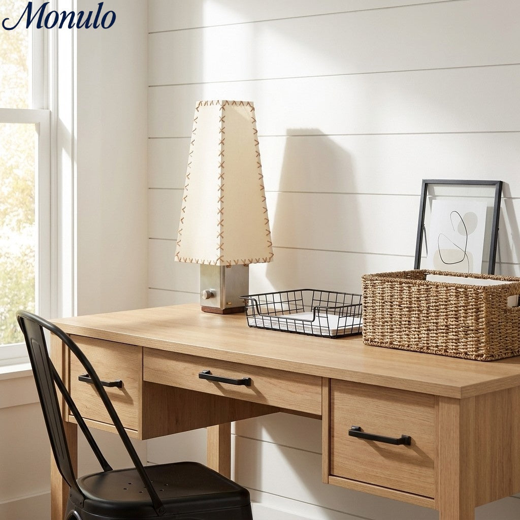 Modern Geometric Metal Table Lamp – Parchment Shade for Bedroom Nightstand Lighting | Souliia