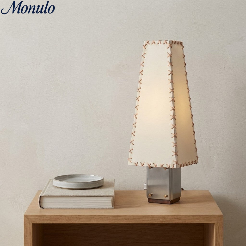 Modern Geometric Metal Table Lamp – Parchment Shade for Bedroom Nightstand Lighting | Souliia