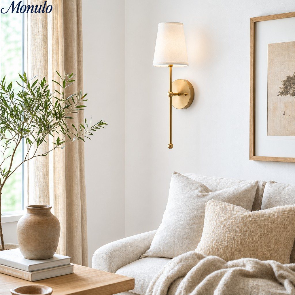 Rowan Nordic Rustic Brass Fabric Wall Lamp | Souliia