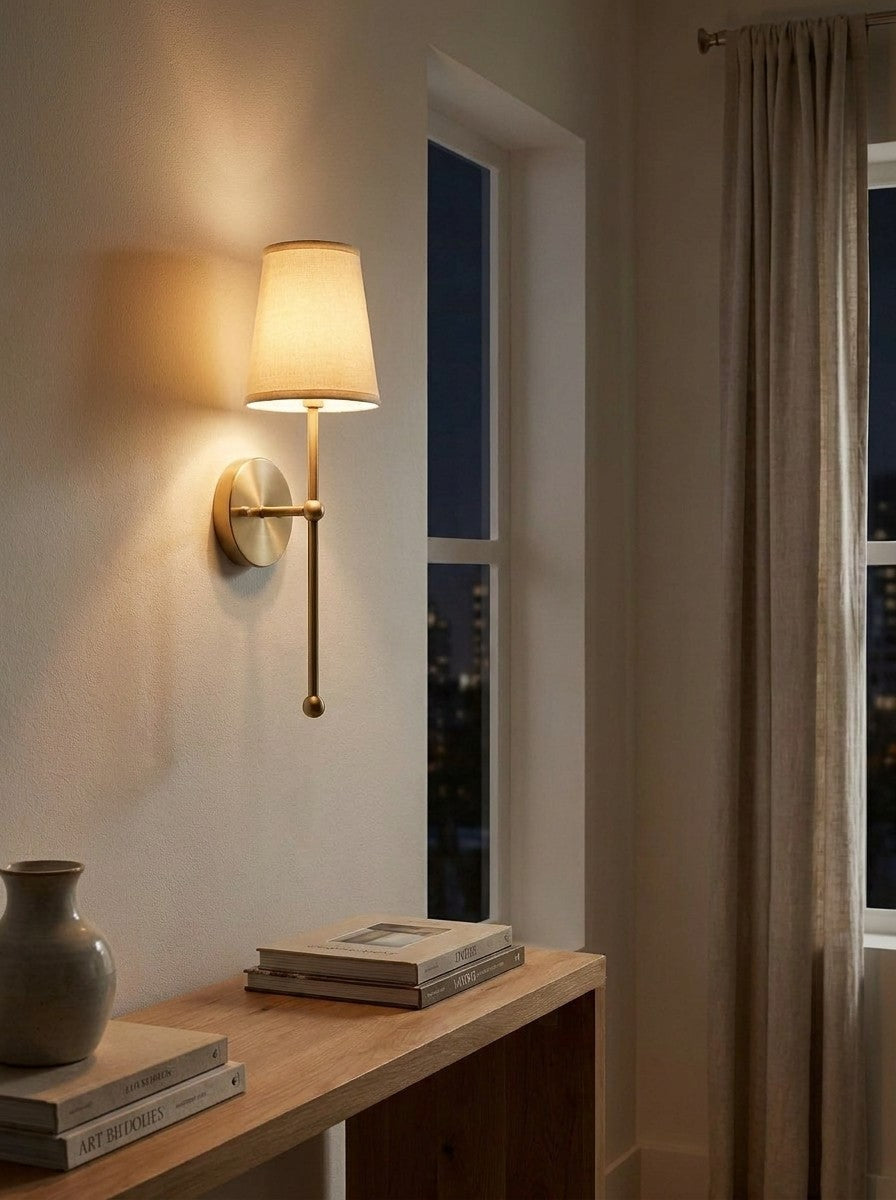 Rowan Nordic Rustic Brass Fabric Wall Lamp | Souliia