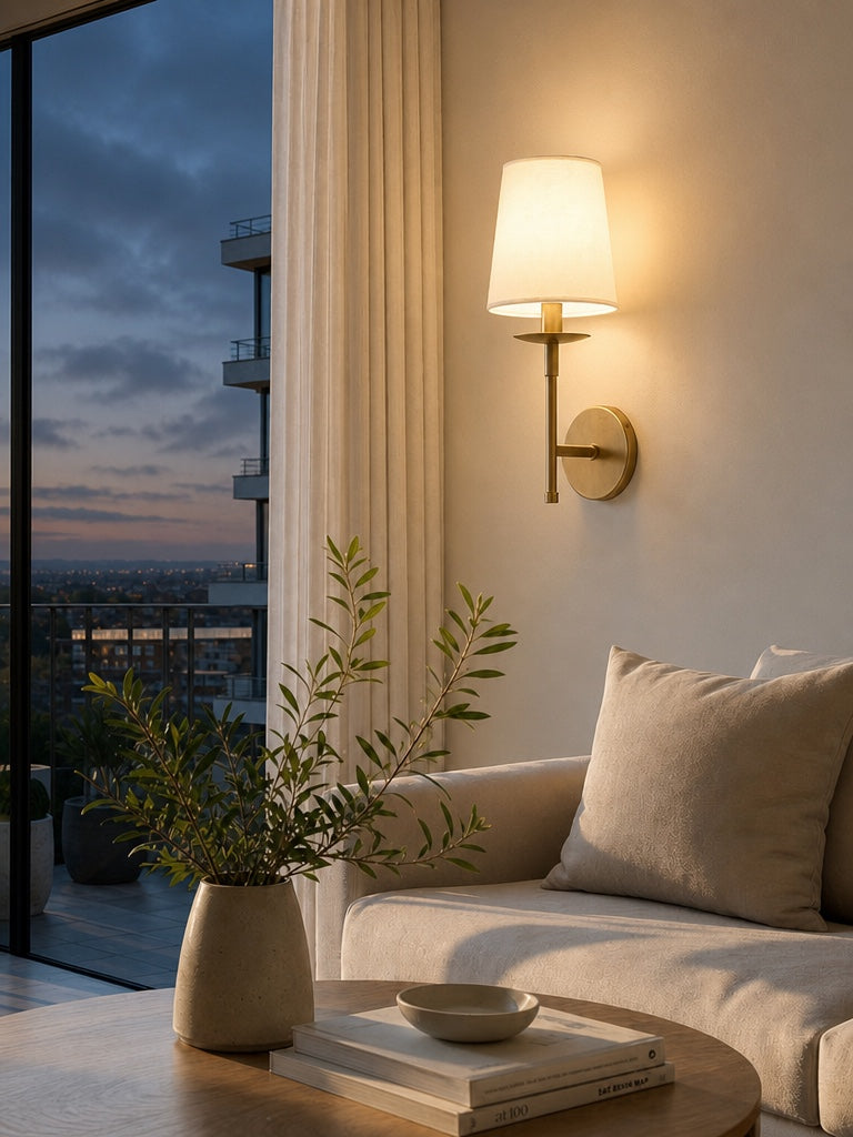 Rowan Classic Linen Wall Sconce - Brass Light With Fabric Drum Shade | Souliia