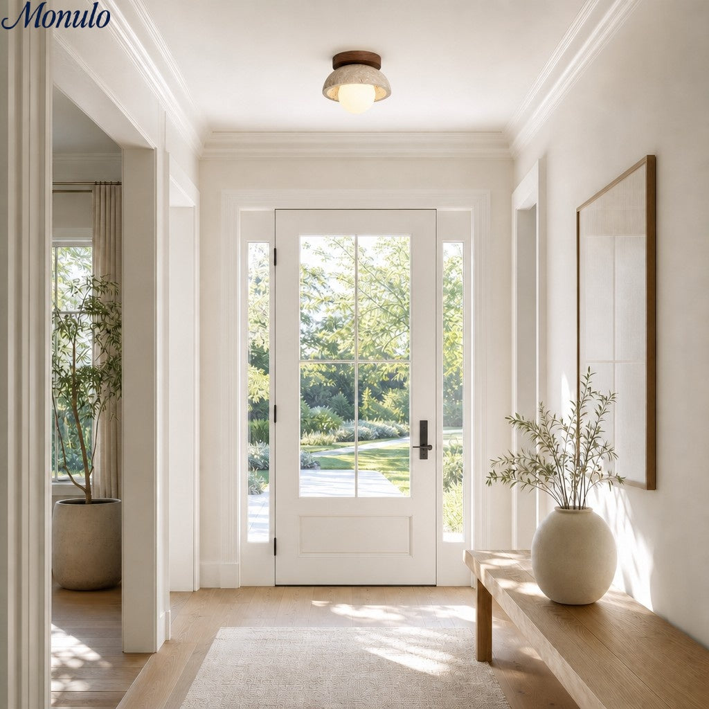 Kuppelformet loftslampe i travertin i wabi-sabi-stil til stuen | Souliia