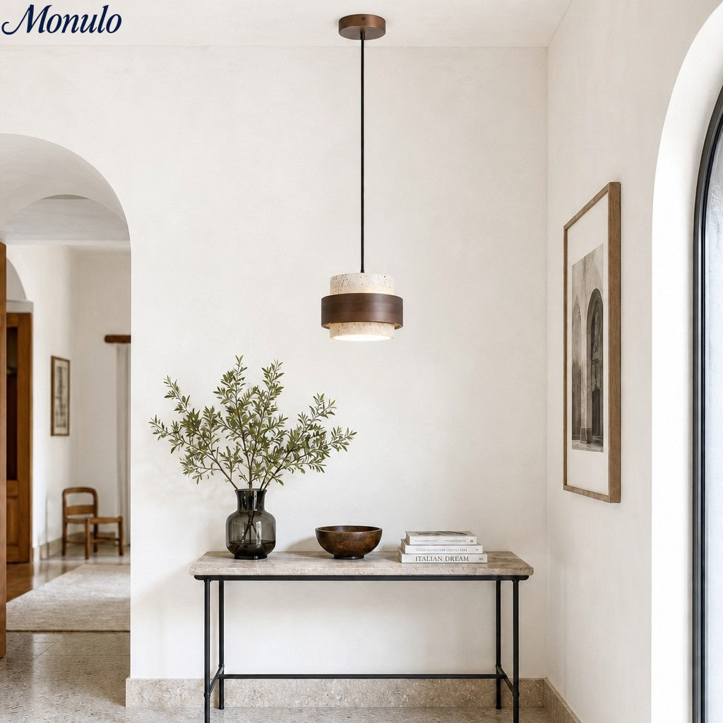Stonel Contemporary Travertine Cylinder Pendant Lamp with Wood Frame U14 | Souliia