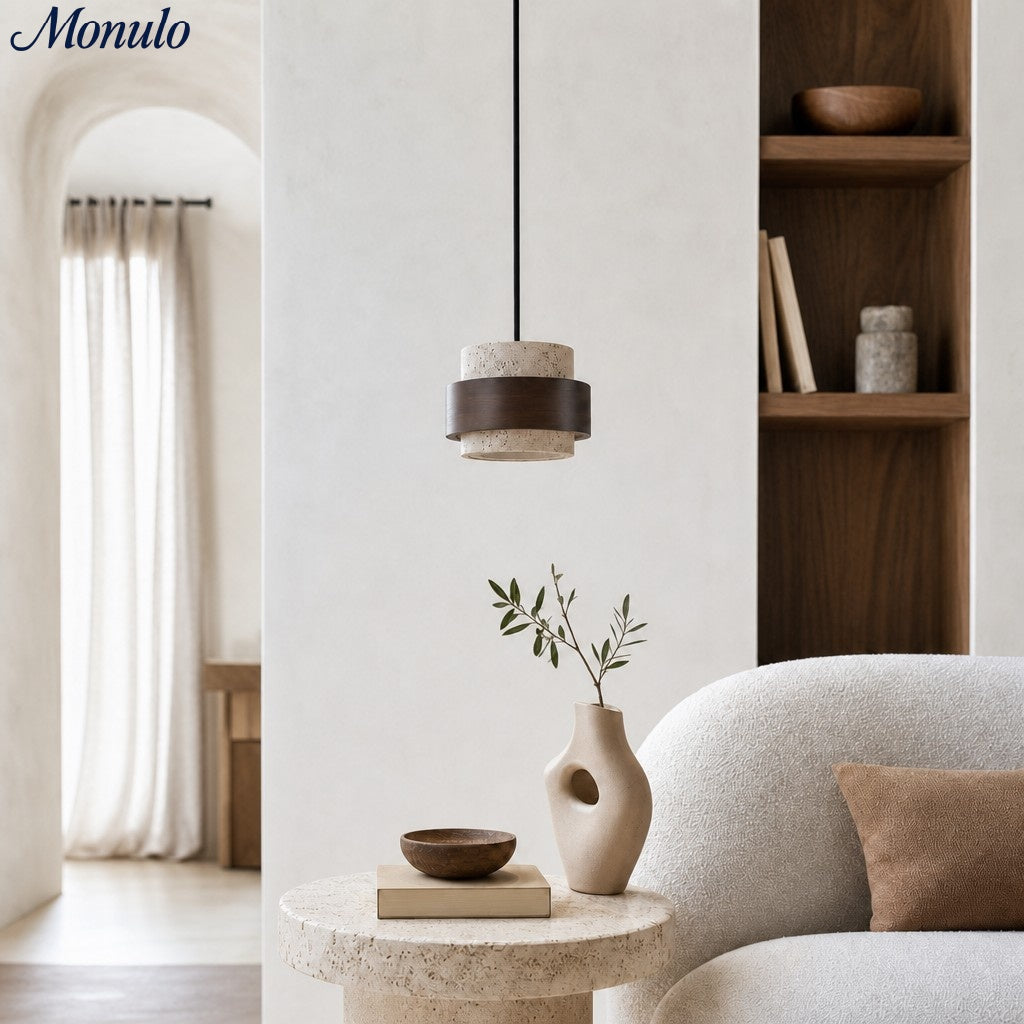 Stonel Contemporary Travertine Cylinder Pendant Lamp with Wood Frame U14 | Souliia