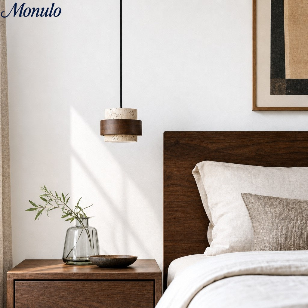 Stonel Contemporary Travertine Cylinder Pendant Lamp with Wood Frame U14 | Souliia