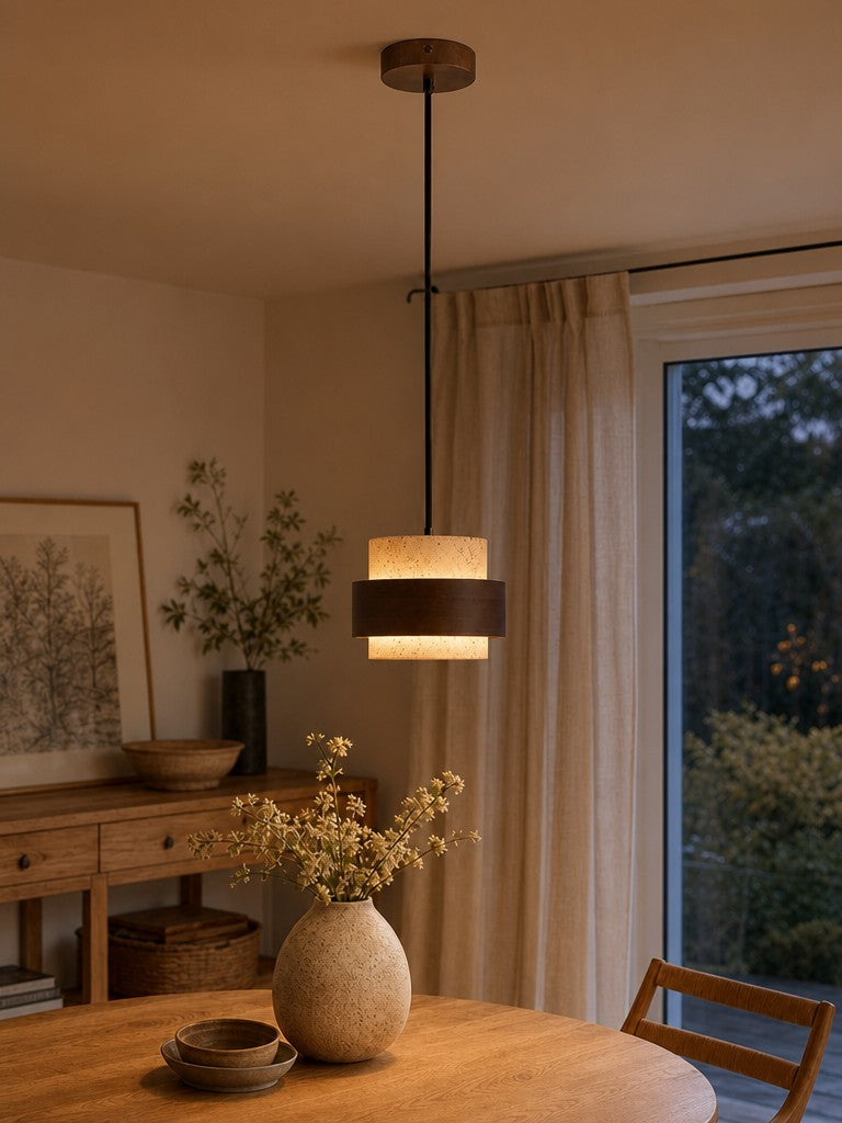 Stonel Contemporary Travertine Cylinder Pendant Lamp with Wood Frame U14 | Souliia