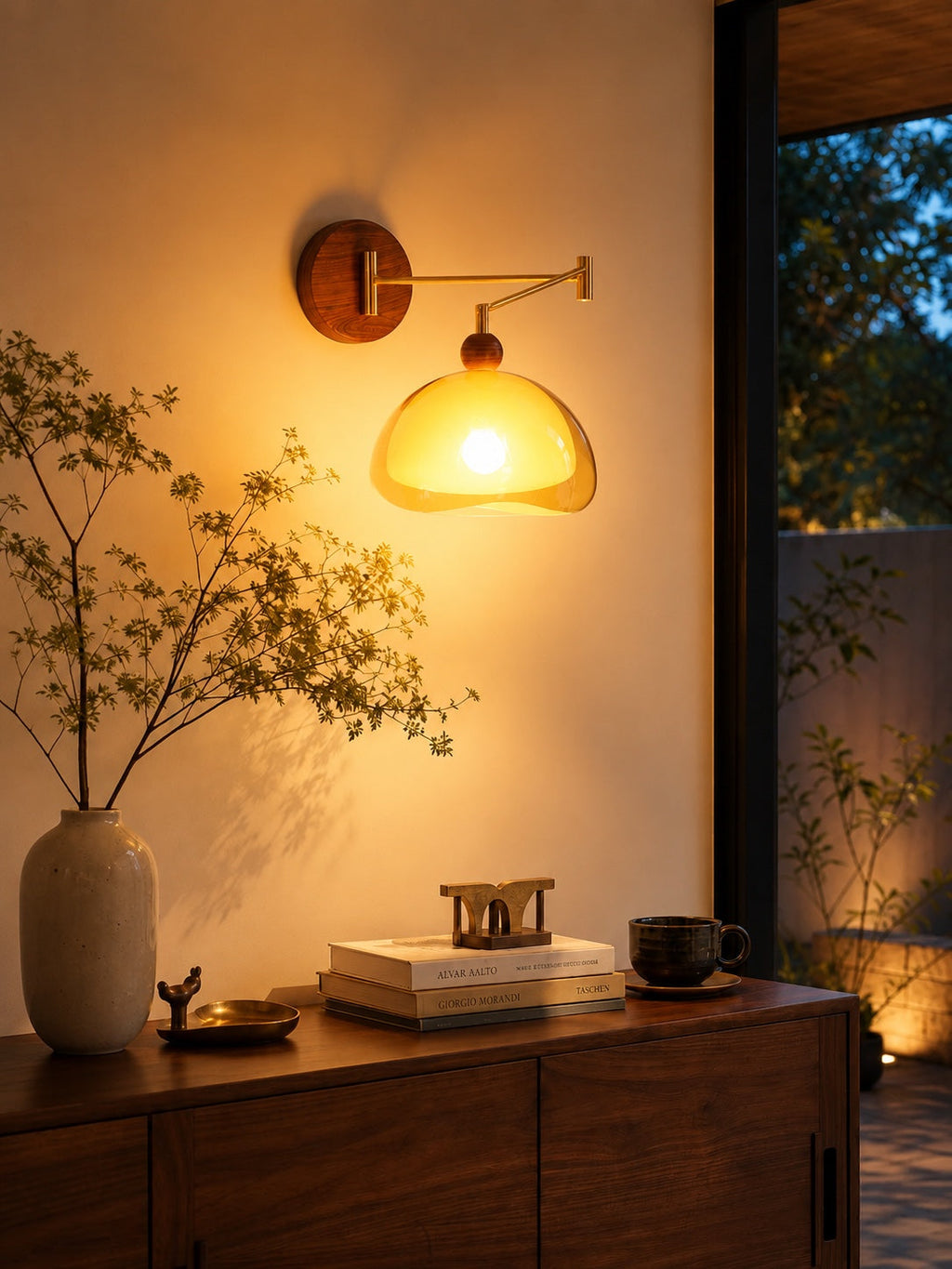 Sunset Glow Moderne Wandleuchte mit Acrylschirm und Holzstruktur-Basis für Schlafzimmer, Flur, Wohnzimmer | Souliia